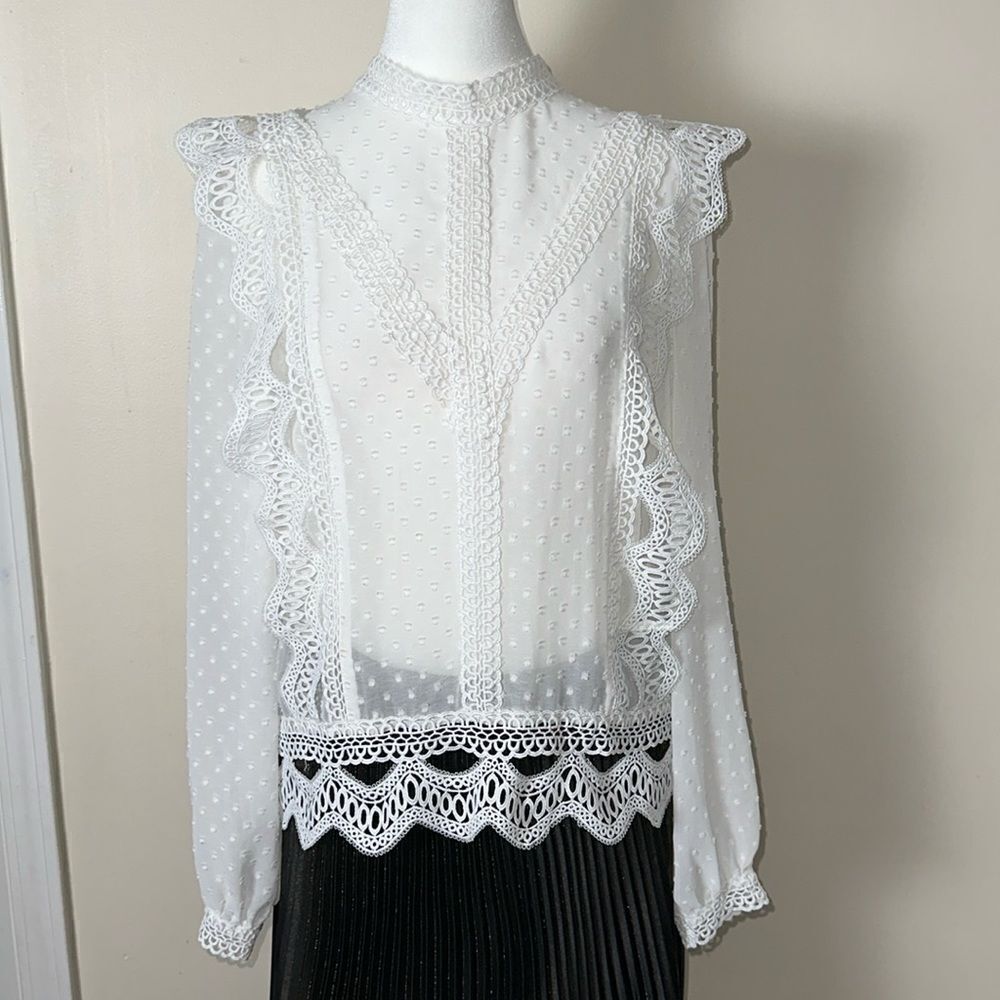Endless Rose M MockNeck Chiffon Swiss Dot Lace Crochet Long Sleeve Sheer Blouse